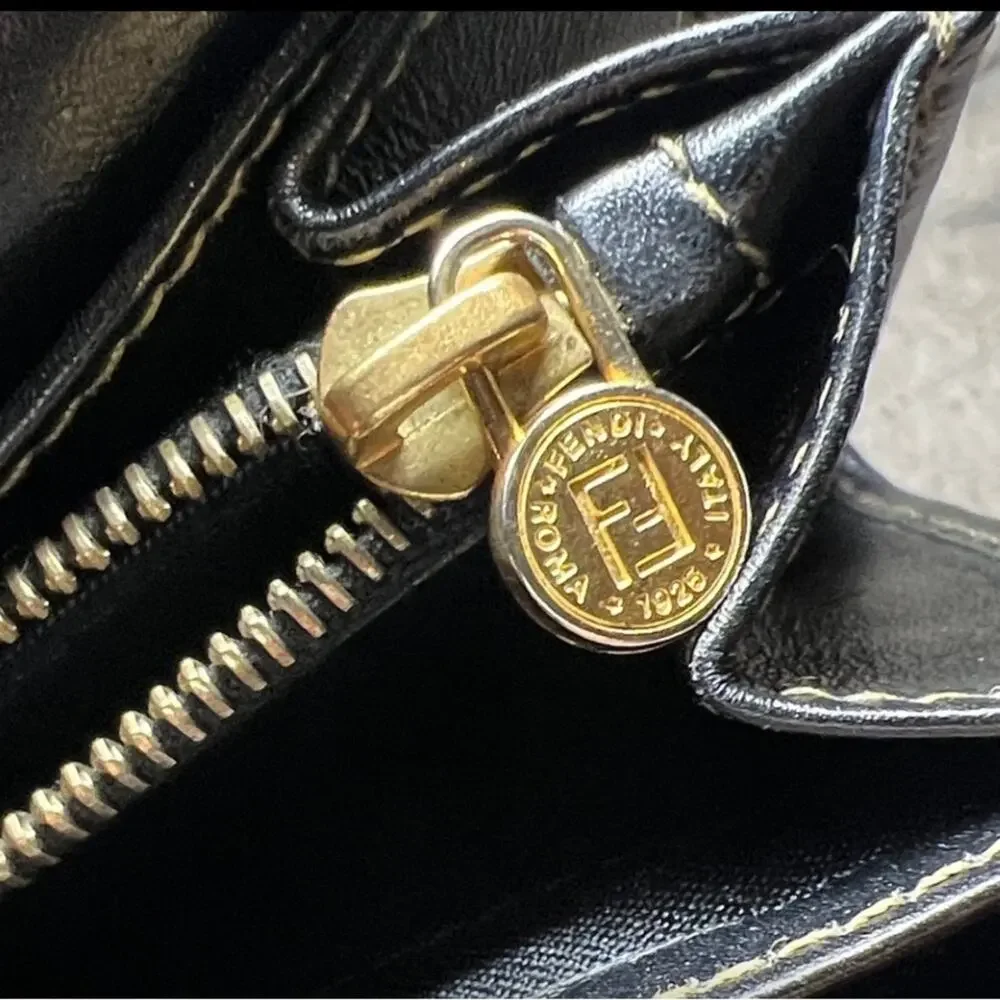 Fendi Black and Taupe Striped Wallet with Removable Gold Tone chain VTG